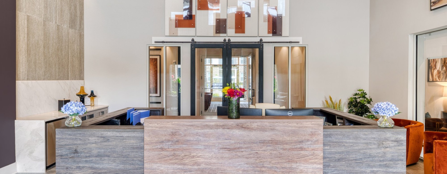 a front desk in a lobby