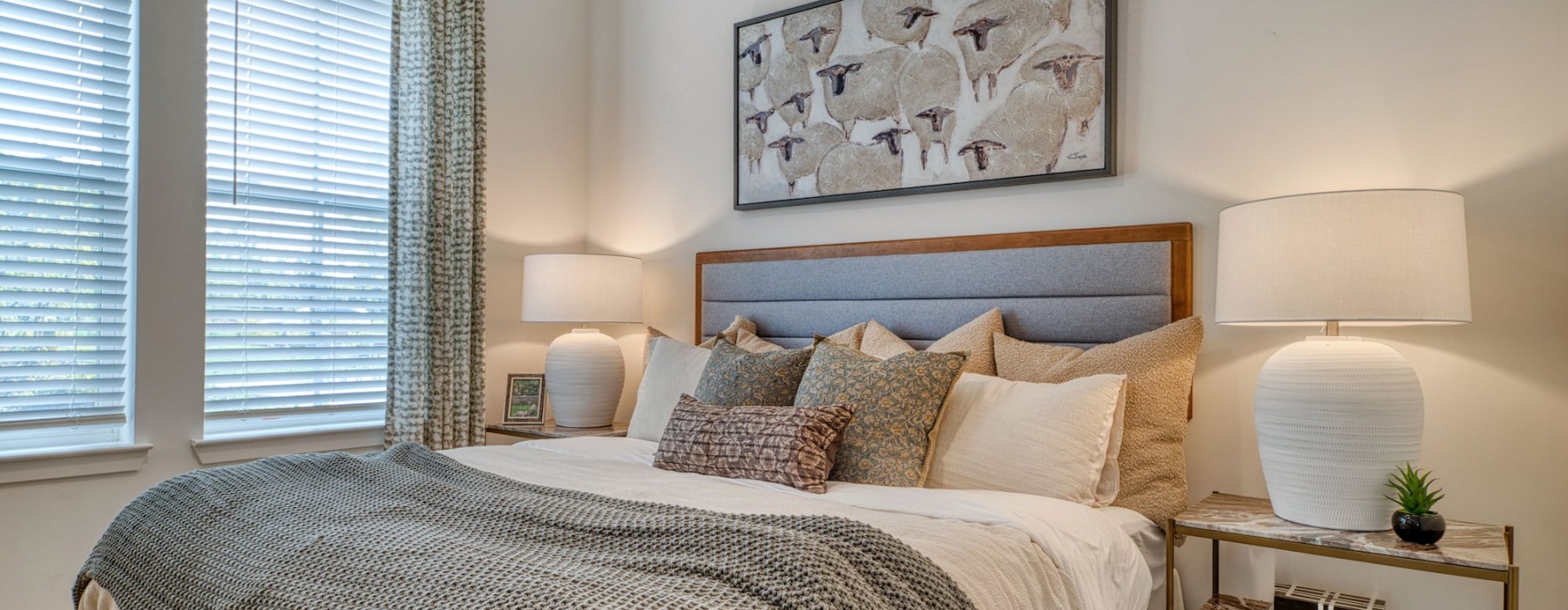 Bedroom with natural lighting and high ceilings